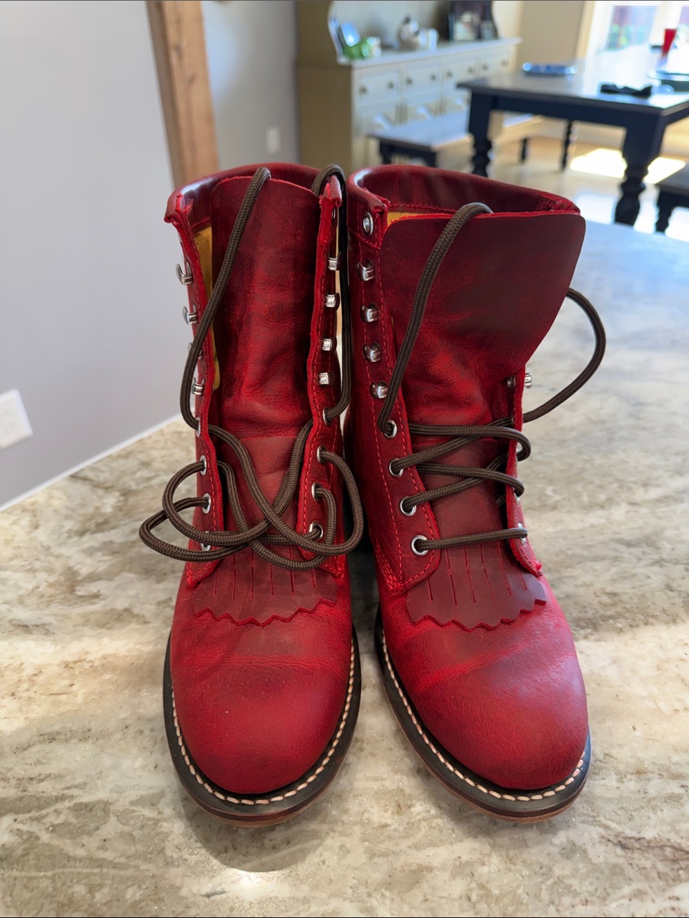 Justin Boots Red Lace-Up Leather Fringe Women's Boots